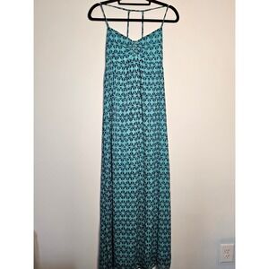 Boho Roxy Geometric Print Maxi Dress Medium Teal Blue Braided T-Back‎ Chiffon